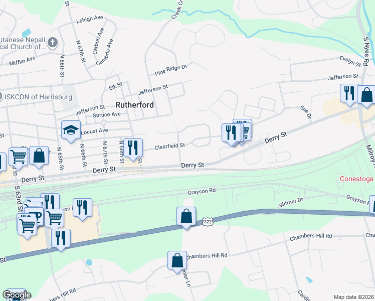 map of restaurants, bars, coffee shops, grocery stores, and more near 65 North 72nd Street in Harrisburg