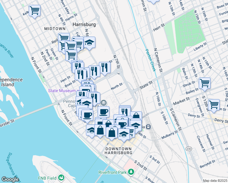 map of restaurants, bars, coffee shops, grocery stores, and more near in Harrisburg