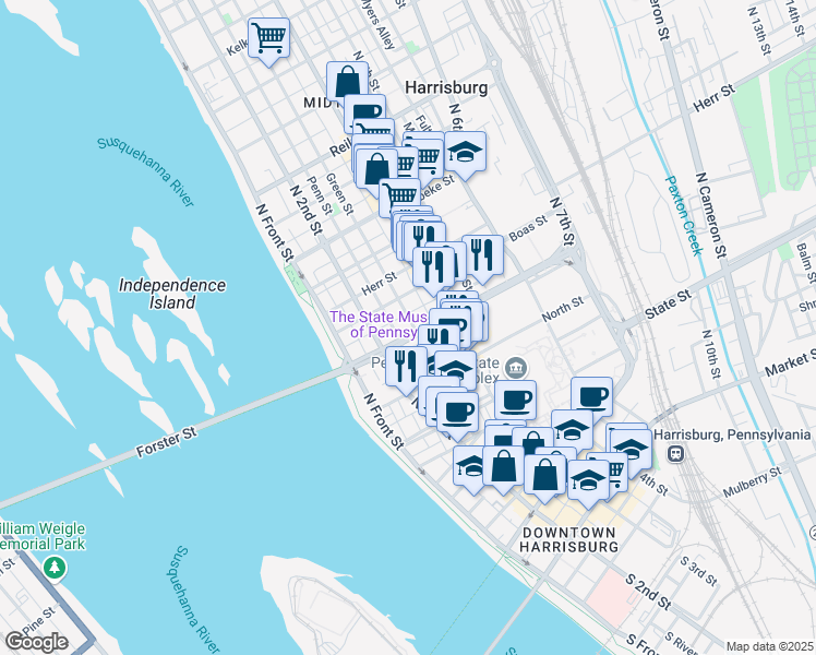 map of restaurants, bars, coffee shops, grocery stores, and more near 220 Forster Street in Harrisburg