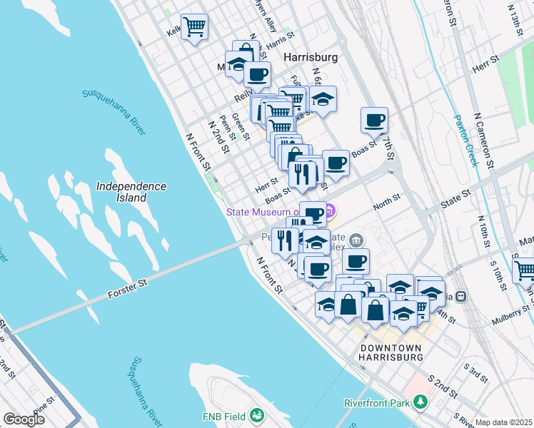 map of restaurants, bars, coffee shops, grocery stores, and more near 932 North 2nd Street in Harrisburg