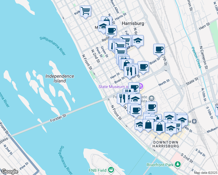 map of restaurants, bars, coffee shops, grocery stores, and more near 932 North 2nd Street in Harrisburg