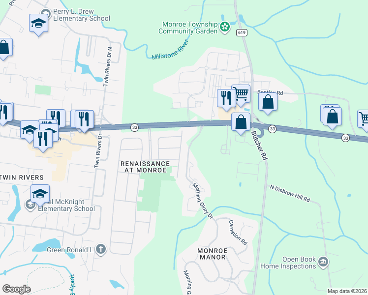 map of restaurants, bars, coffee shops, grocery stores, and more near 138 Orleans Road in Monroe Township