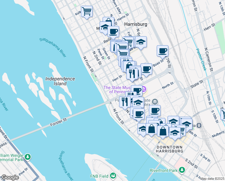 map of restaurants, bars, coffee shops, grocery stores, and more near 930 North 2nd Street in Harrisburg
