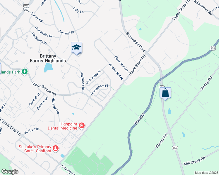 map of restaurants, bars, coffee shops, grocery stores, and more near 236 Cambridge Place in Chalfont