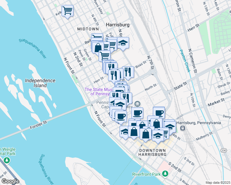 map of restaurants, bars, coffee shops, grocery stores, and more near 825 Susquehanna Street in Harrisburg