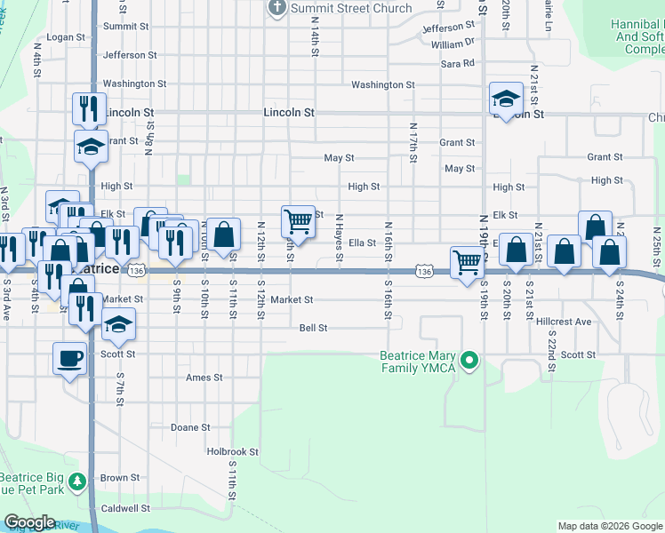 map of restaurants, bars, coffee shops, grocery stores, and more near 1420 Court Street in Beatrice
