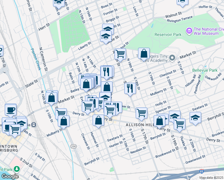 map of restaurants, bars, coffee shops, grocery stores, and more near 15 South 15th Street in Harrisburg