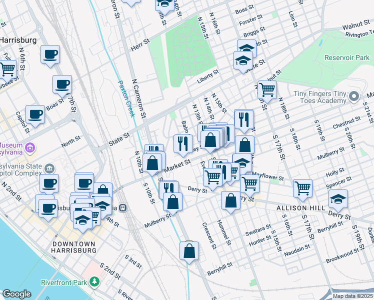 map of restaurants, bars, coffee shops, grocery stores, and more near 1216 Bailey Street in Harrisburg