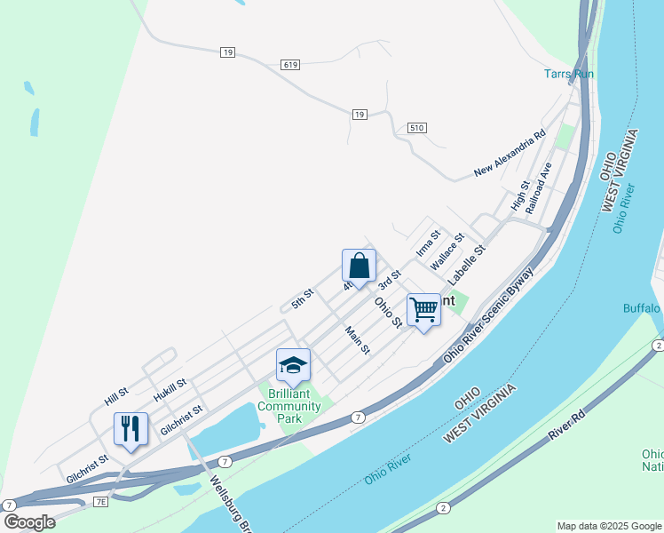 map of restaurants, bars, coffee shops, grocery stores, and more near 805 5th Street in Brilliant