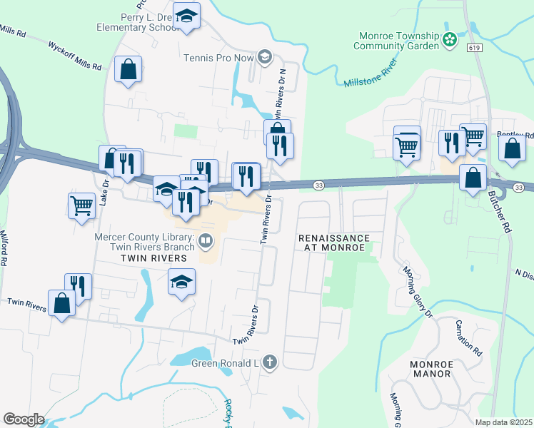 map of restaurants, bars, coffee shops, grocery stores, and more near Twin Rivers Drive & Abbington Drive in Hightstown