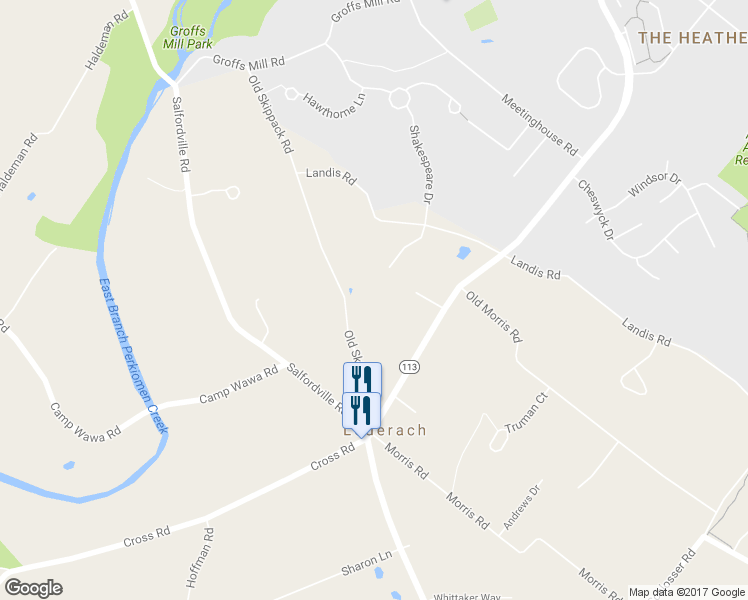 map of restaurants, bars, coffee shops, grocery stores, and more near 555 Old Skippack Road in Harleysville