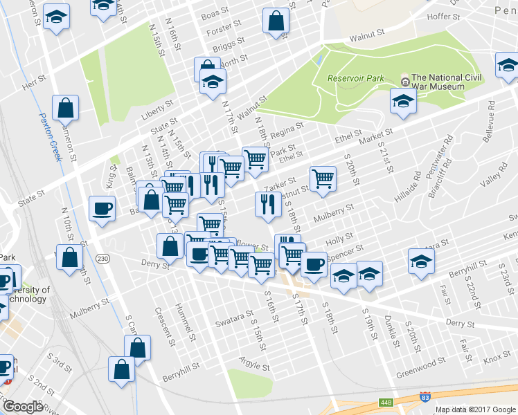 map of restaurants, bars, coffee shops, grocery stores, and more near 100 South 17th Street in Harrisburg