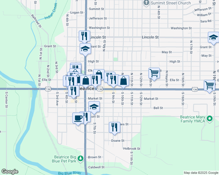 map of restaurants, bars, coffee shops, grocery stores, and more near 800 Court Street in Beatrice