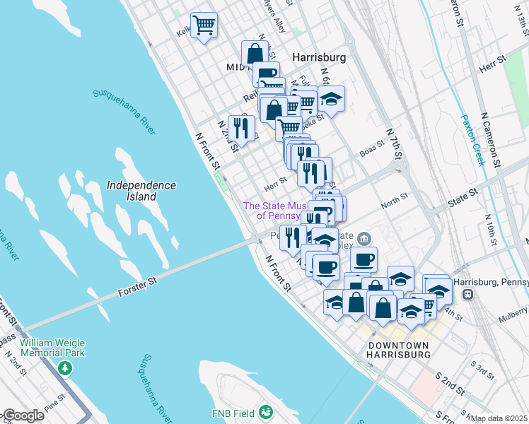 map of restaurants, bars, coffee shops, grocery stores, and more near 932 North 2nd Street in Harrisburg