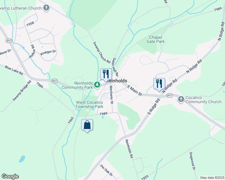 map of restaurants, bars, coffee shops, grocery stores, and more near 30 Mechanic Street in Reinholds