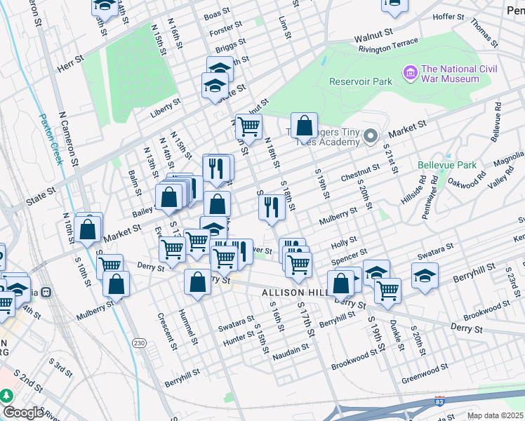 map of restaurants, bars, coffee shops, grocery stores, and more near 100 South 17th Street in Harrisburg