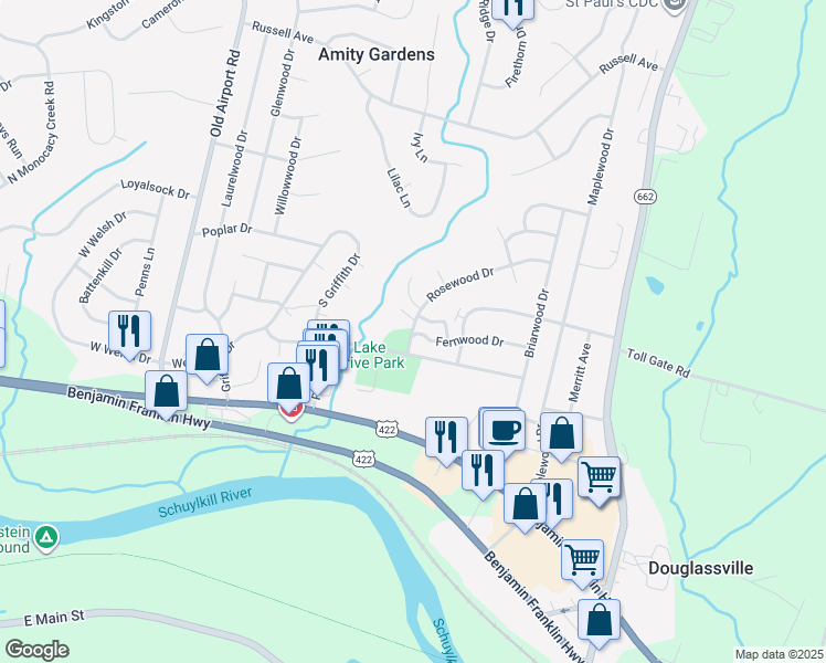 map of restaurants, bars, coffee shops, grocery stores, and more near 714 Rosewood Drive in Douglassville