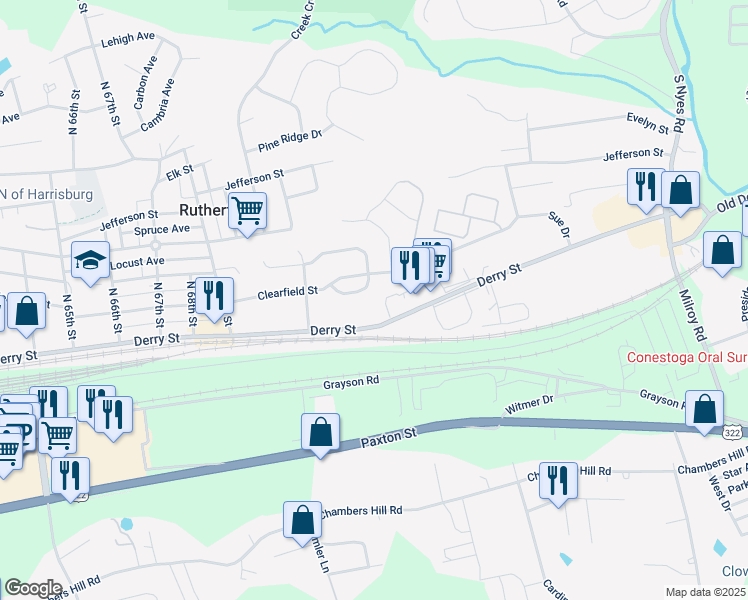 map of restaurants, bars, coffee shops, grocery stores, and more near 7267 Capital Drive in Harrisburg