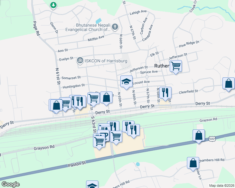 map of restaurants, bars, coffee shops, grocery stores, and more near 6450 Clearfield St in Harrisburg