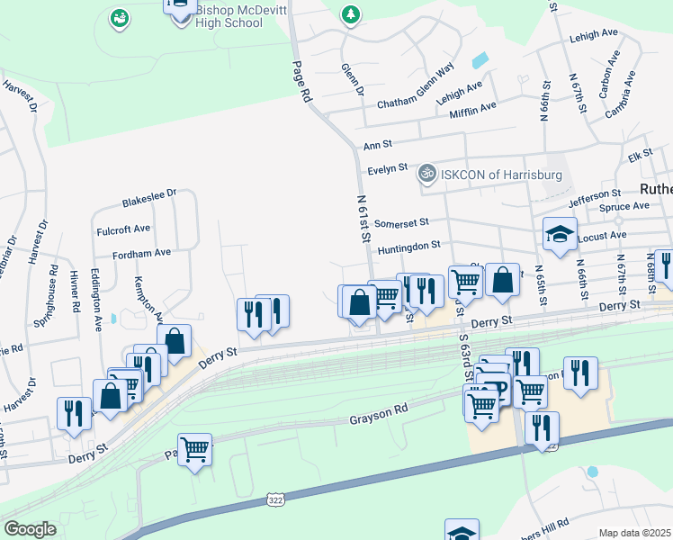 map of restaurants, bars, coffee shops, grocery stores, and more near 5941 Huntingdon Circle in Harrisburg