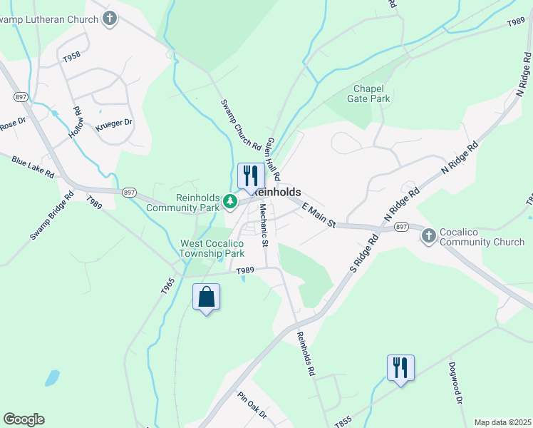 map of restaurants, bars, coffee shops, grocery stores, and more near 30 Mechanic Street in Reinholds
