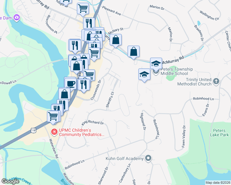 map of restaurants, bars, coffee shops, grocery stores, and more near 1007 Sheriff's Court in Canonsburg
