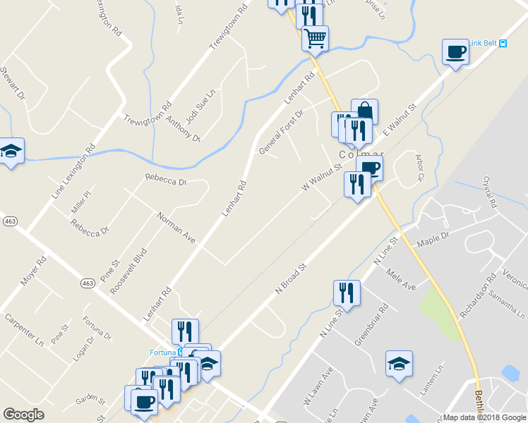 map of restaurants, bars, coffee shops, grocery stores, and more near 2410 West Walnut Street in Colmar