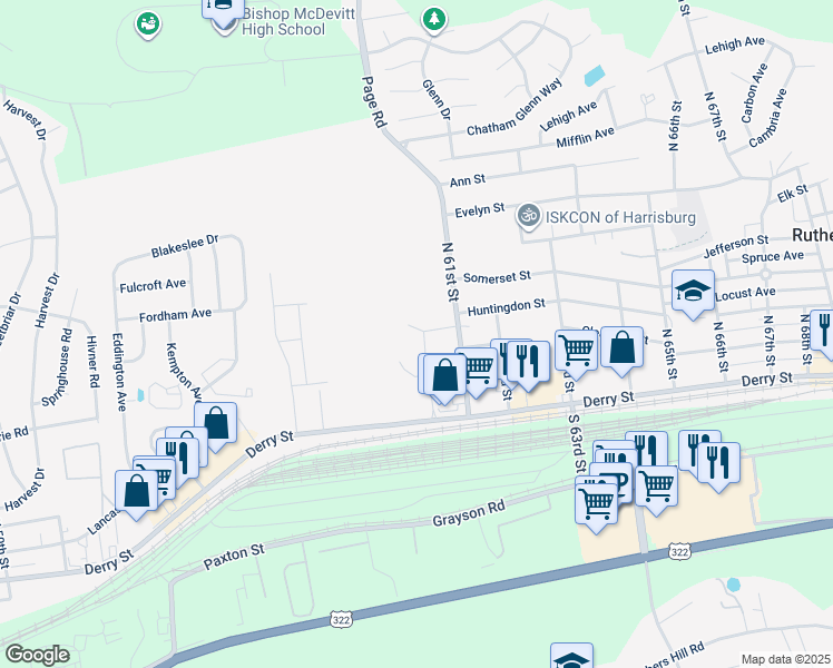 map of restaurants, bars, coffee shops, grocery stores, and more near 5941 Huntingdon Circle in Harrisburg