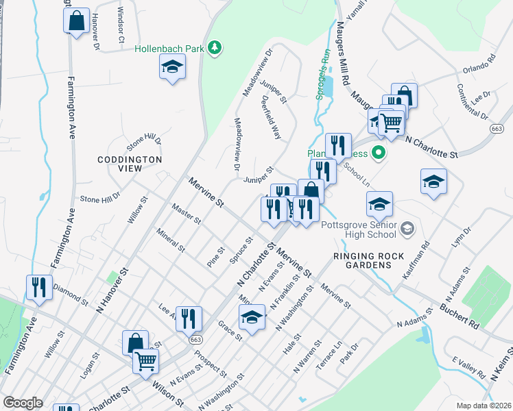 map of restaurants, bars, coffee shops, grocery stores, and more near 1282 Pine Street in Pottstown