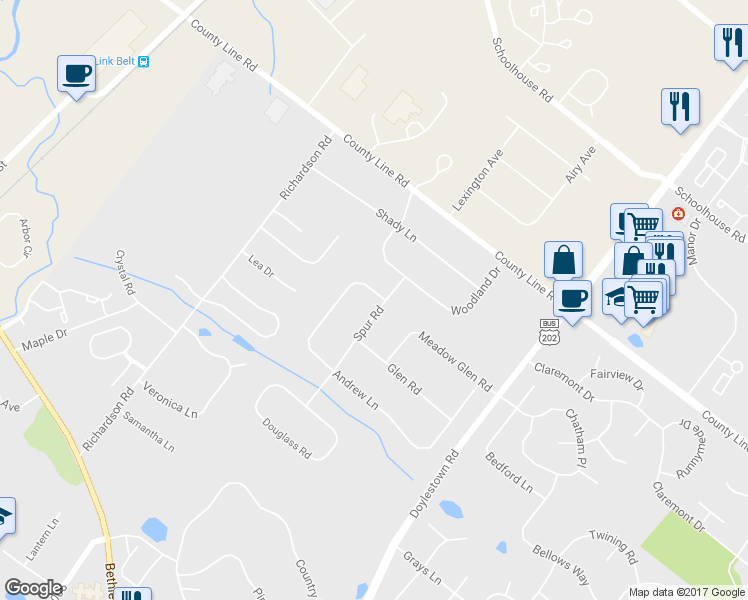 map of restaurants, bars, coffee shops, grocery stores, and more near 7 Spur Road in Lansdale