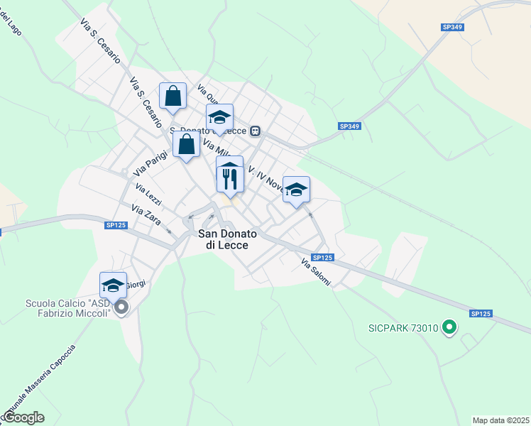 map of restaurants, bars, coffee shops, grocery stores, and more near 30 Via Guglielmo Oberdan in San Donato di Lecce