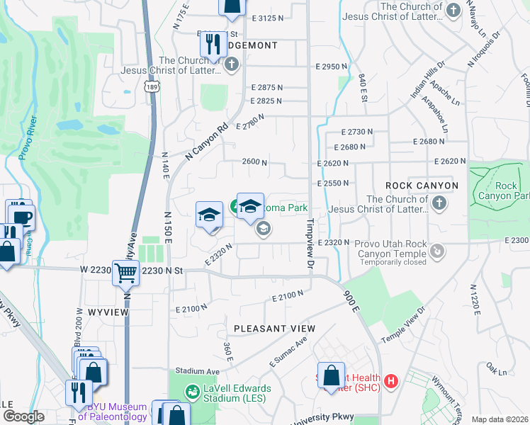 map of restaurants, bars, coffee shops, grocery stores, and more near 468 East Normandy Drive in Provo