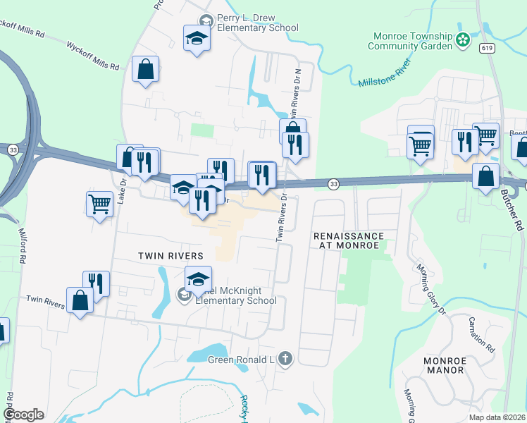 map of restaurants, bars, coffee shops, grocery stores, and more near 661 Abbington Drive in East Windsor