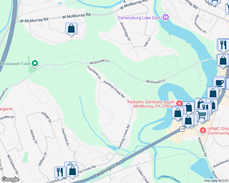 map of restaurants, bars, coffee shops, grocery stores, and more near 515 Hunting Creek Road in Canonsburg