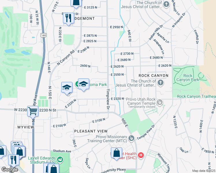 map of restaurants, bars, coffee shops, grocery stores, and more near 2405 Timpview Drive in Provo