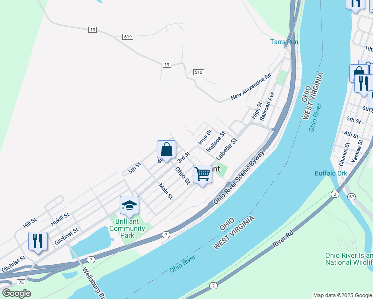 map of restaurants, bars, coffee shops, grocery stores, and more near 201 Isabelle Street in Brilliant