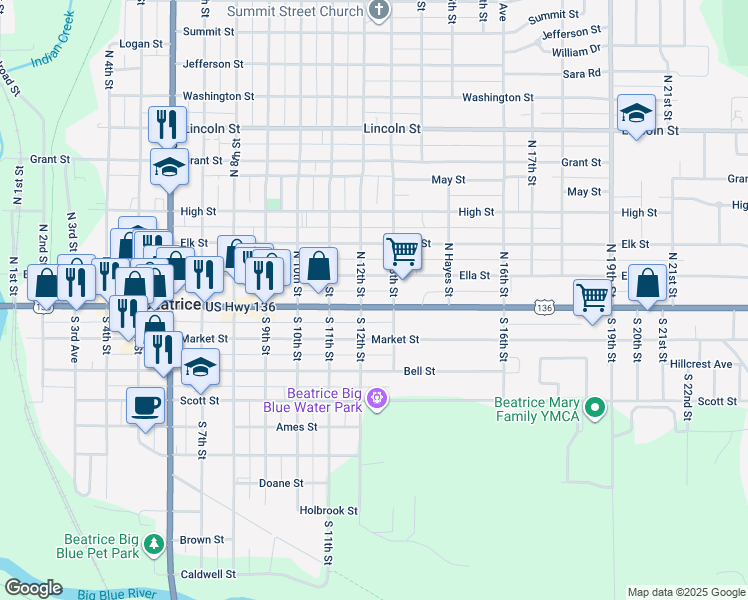 map of restaurants, bars, coffee shops, grocery stores, and more near 1208 Court Street in Beatrice