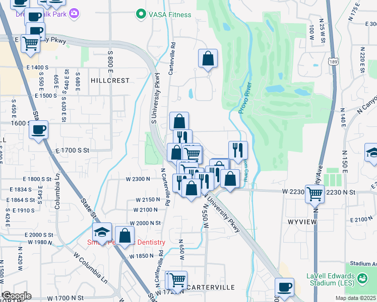 map of restaurants, bars, coffee shops, grocery stores, and more near 2392 North University Parkway in Provo