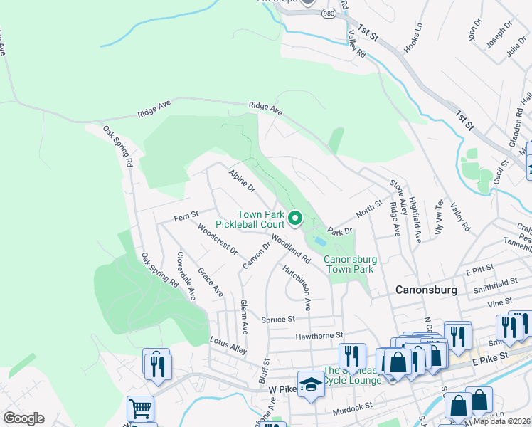 map of restaurants, bars, coffee shops, grocery stores, and more near 615 Alpine Drive in Canonsburg