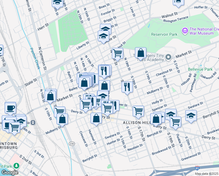 map of restaurants, bars, coffee shops, grocery stores, and more near 15 South 15th Street in Harrisburg