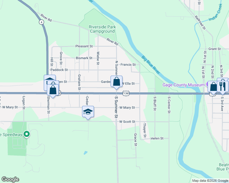 map of restaurants, bars, coffee shops, grocery stores, and more near 604 West Court Street in Beatrice