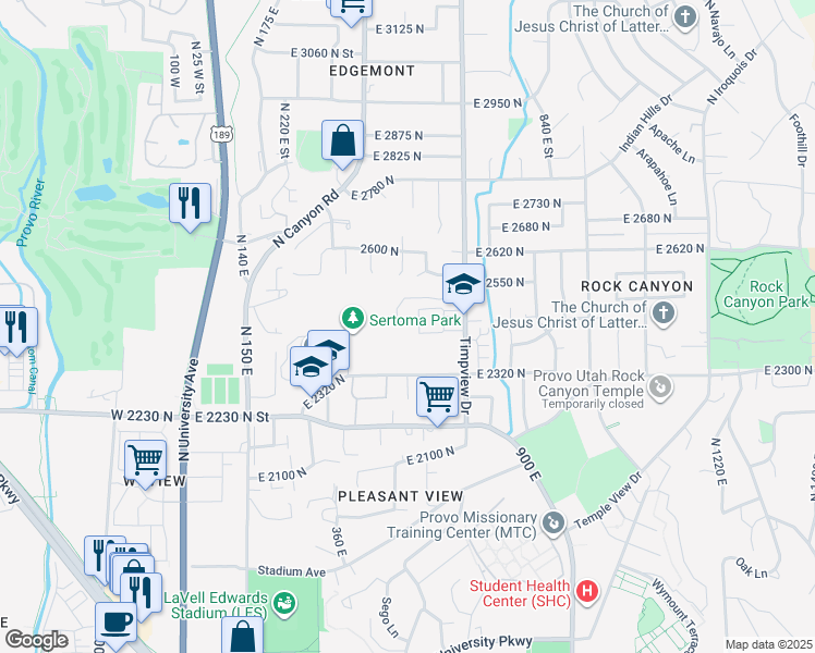 map of restaurants, bars, coffee shops, grocery stores, and more near 468 East Normandy Drive in Provo