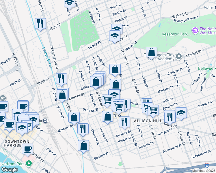 map of restaurants, bars, coffee shops, grocery stores, and more near 1419 Market Street in Harrisburg