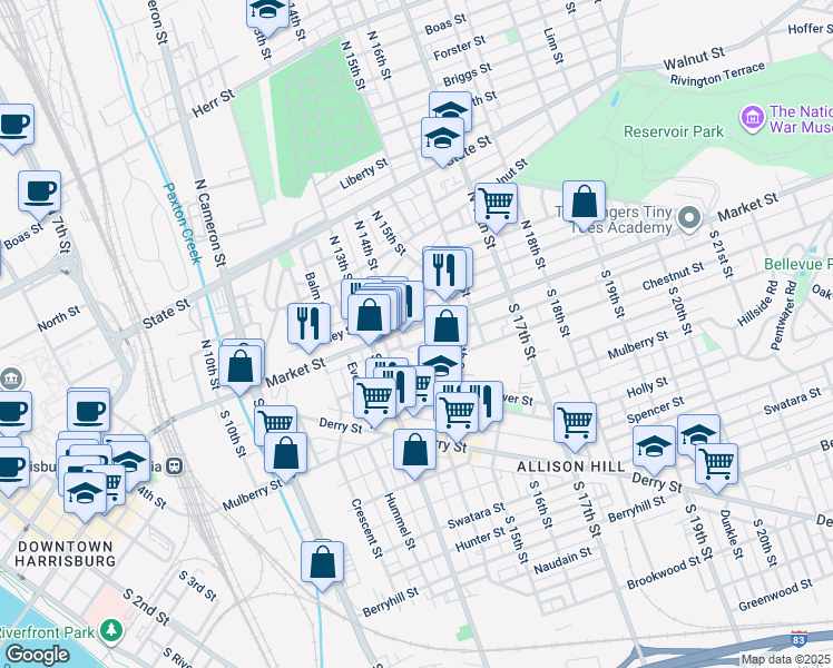 map of restaurants, bars, coffee shops, grocery stores, and more near 1419 Market Street in Harrisburg