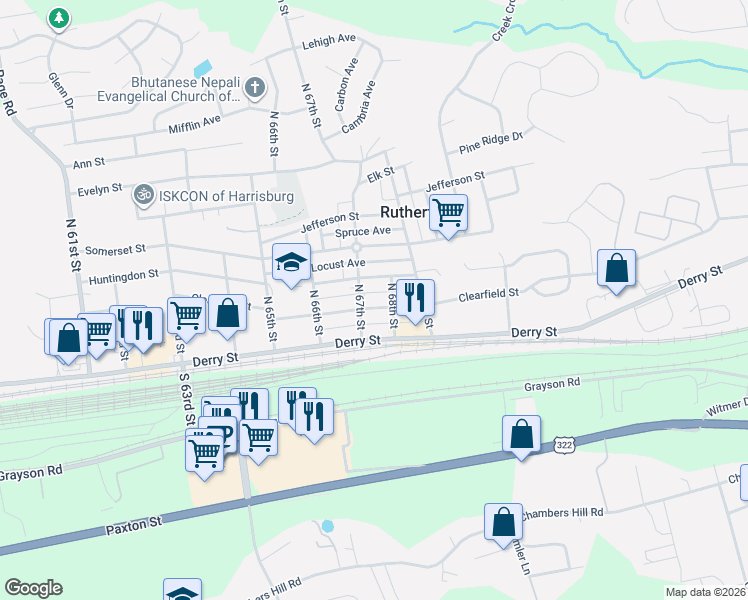 map of restaurants, bars, coffee shops, grocery stores, and more near 6730 Clearfield Street in Harrisburg