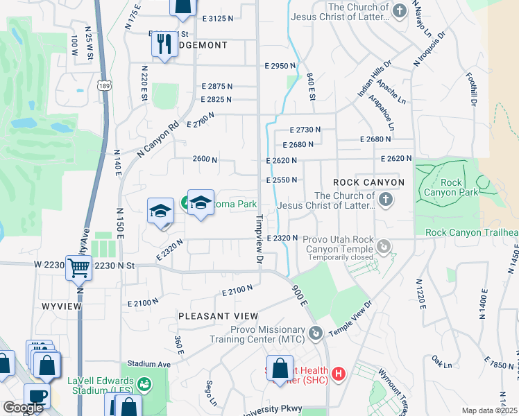 map of restaurants, bars, coffee shops, grocery stores, and more near 2405 Timpview Drive in Provo