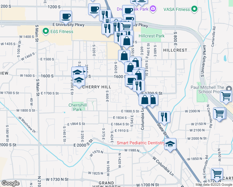 map of restaurants, bars, coffee shops, grocery stores, and more near 1743 Village Lane in Orem