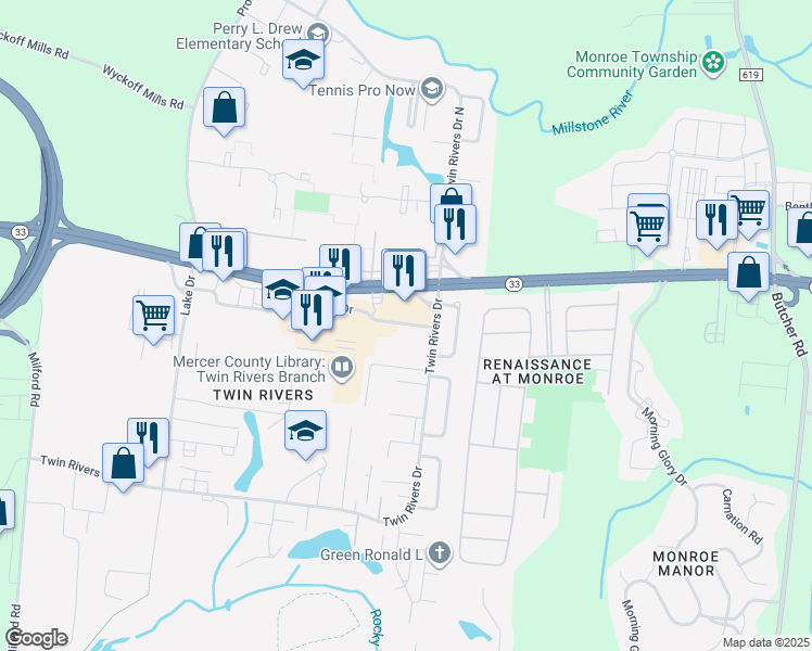 map of restaurants, bars, coffee shops, grocery stores, and more near 661 Abbington Drive in East Windsor