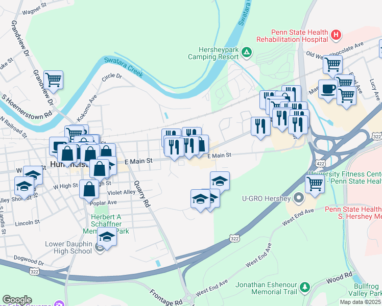 map of restaurants, bars, coffee shops, grocery stores, and more near 401 East Main Street in Hummelstown