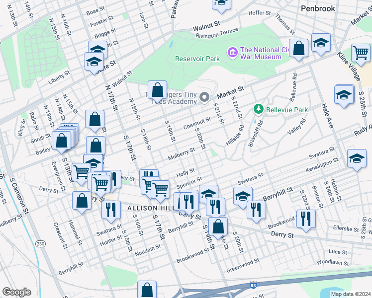 map of restaurants, bars, coffee shops, grocery stores, and more near 1902 Mulberry Street in Harrisburg